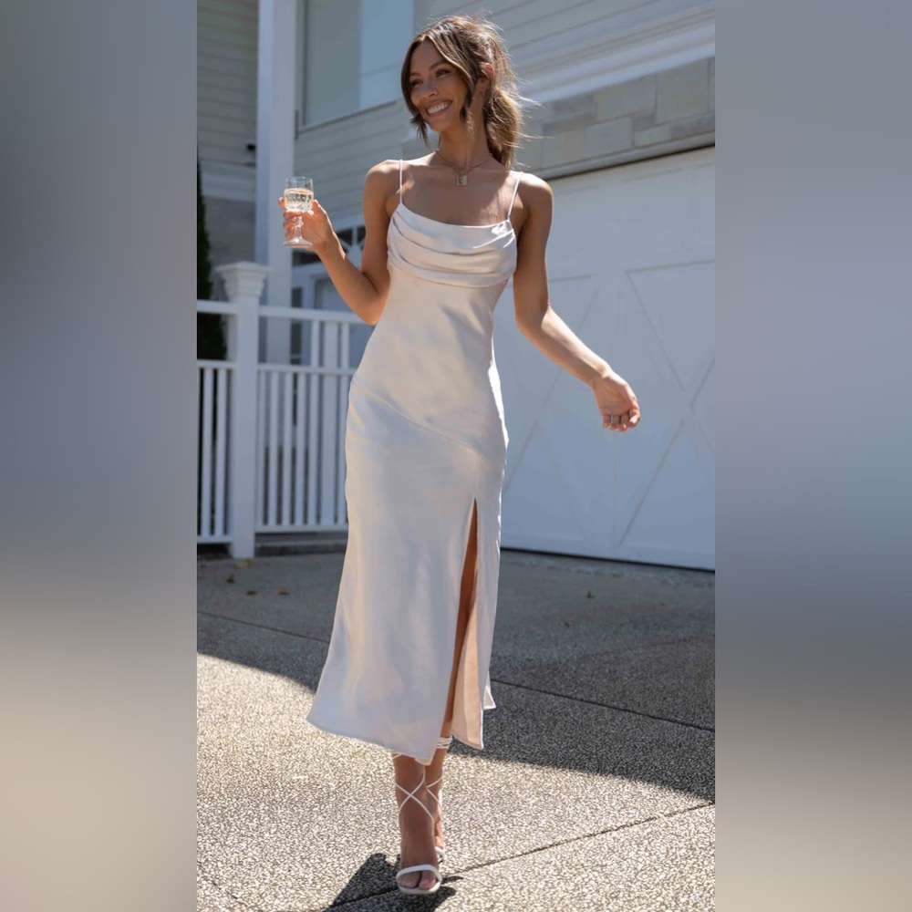 White oyster satin midi dress